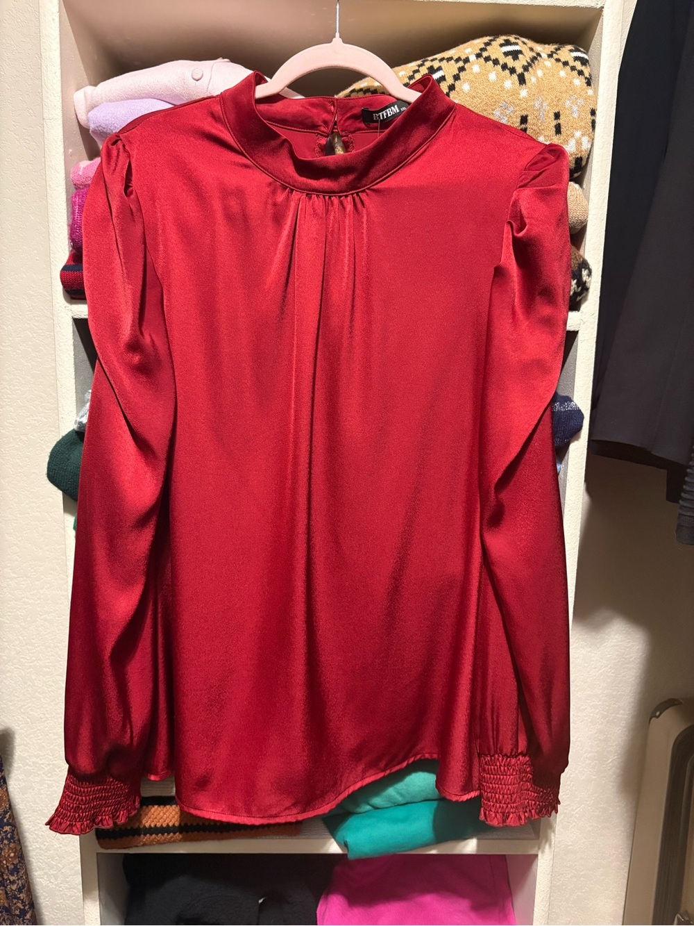 Satin Mock-Neck Long-Sleeve Blouse in Red - I.N.C.